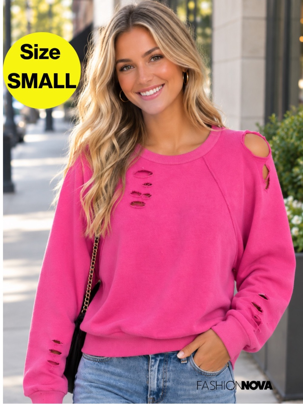 3/for $15 🍒 FASHION NOVA Pink Distressed Ripped Crewneck Sweatshirt (Size Small)